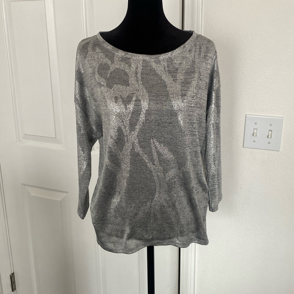 White House Black Market silver blouse with inlay design.